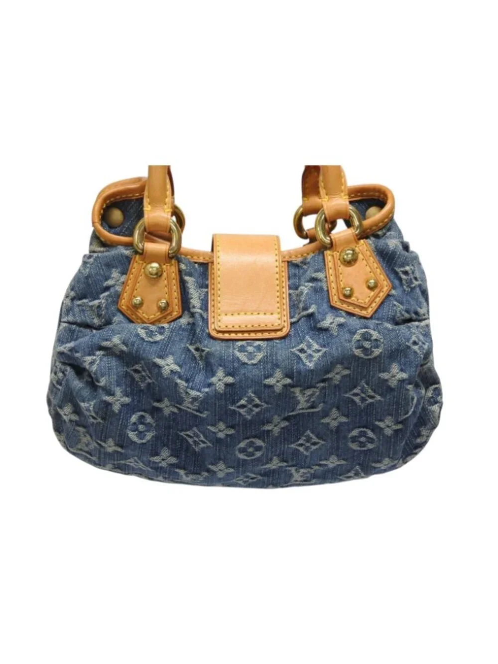 Louis Vuitton Pleaty Handbag Monogram Denim Leather Blue Gold